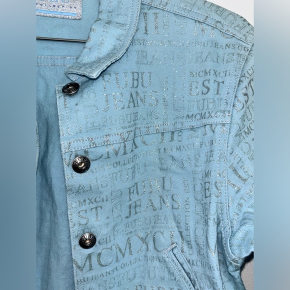 Rare Vintage Fubu Light Blue Denim Jacket Glitter Logo Womens size M - Picture 10 of 12